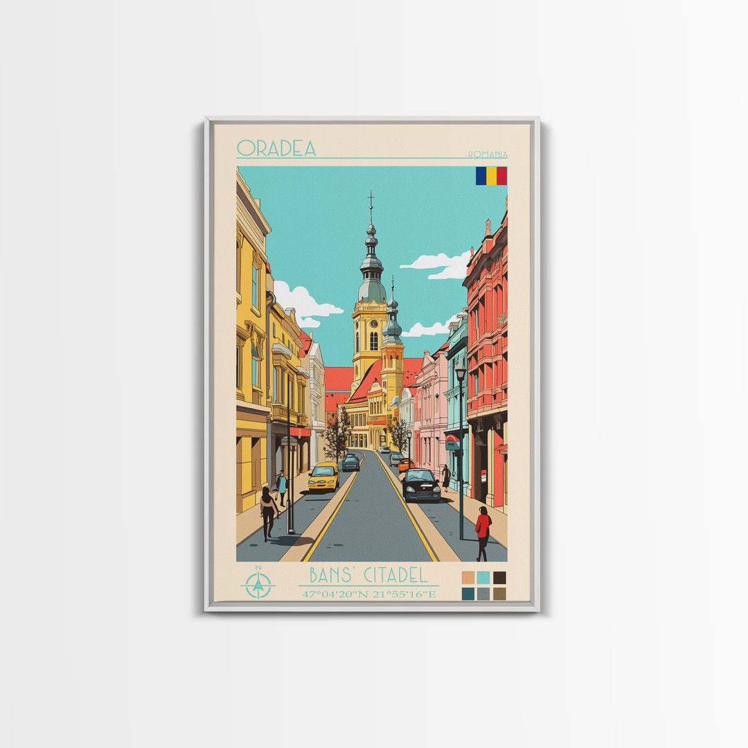 Oradea Romania Travel Poster Framed Canvas Print, Midcentury Modern Art, Pop Art Wall Decor, Scenic Bedroom Art, Office Decoration
