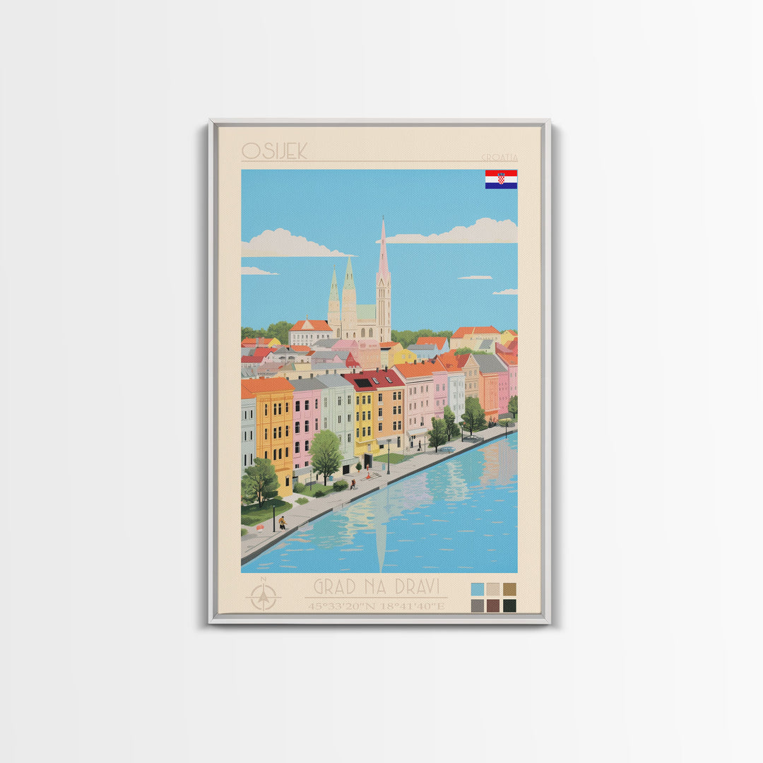 Osijek Croatia Travel Poster Framed Canvas Print, Midcentury Modern Art, Pop Art Wall Decor, Home Decor, Vacation Gift, Office Art