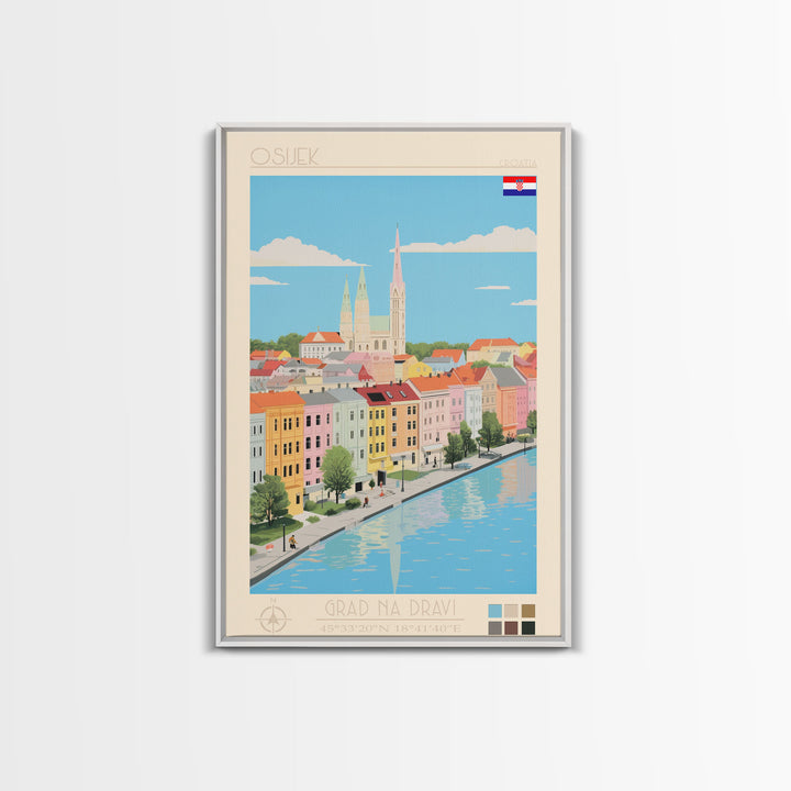 Osijek Croatia Travel Poster Framed Canvas Print, Midcentury Modern Art, Pop Art Wall Decor, Home Decor, Vacation Gift, Office Art