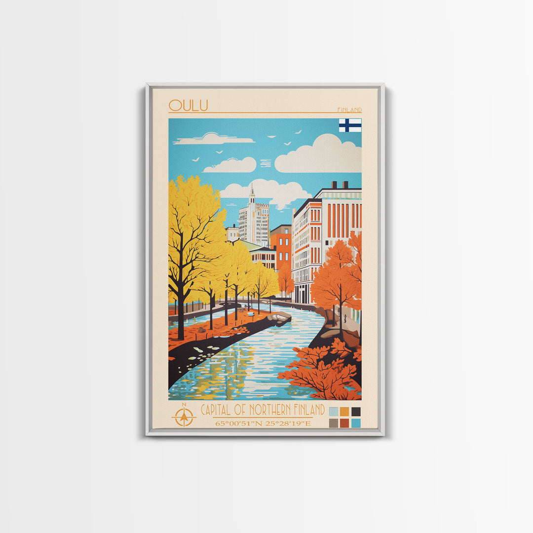 Oulu Finland Travel Poster Framed Canvas Print, Midcentury Modern Art, Pop Art Wall Decor, Scenic Wall Art, Living Room Decoration, Office Gift