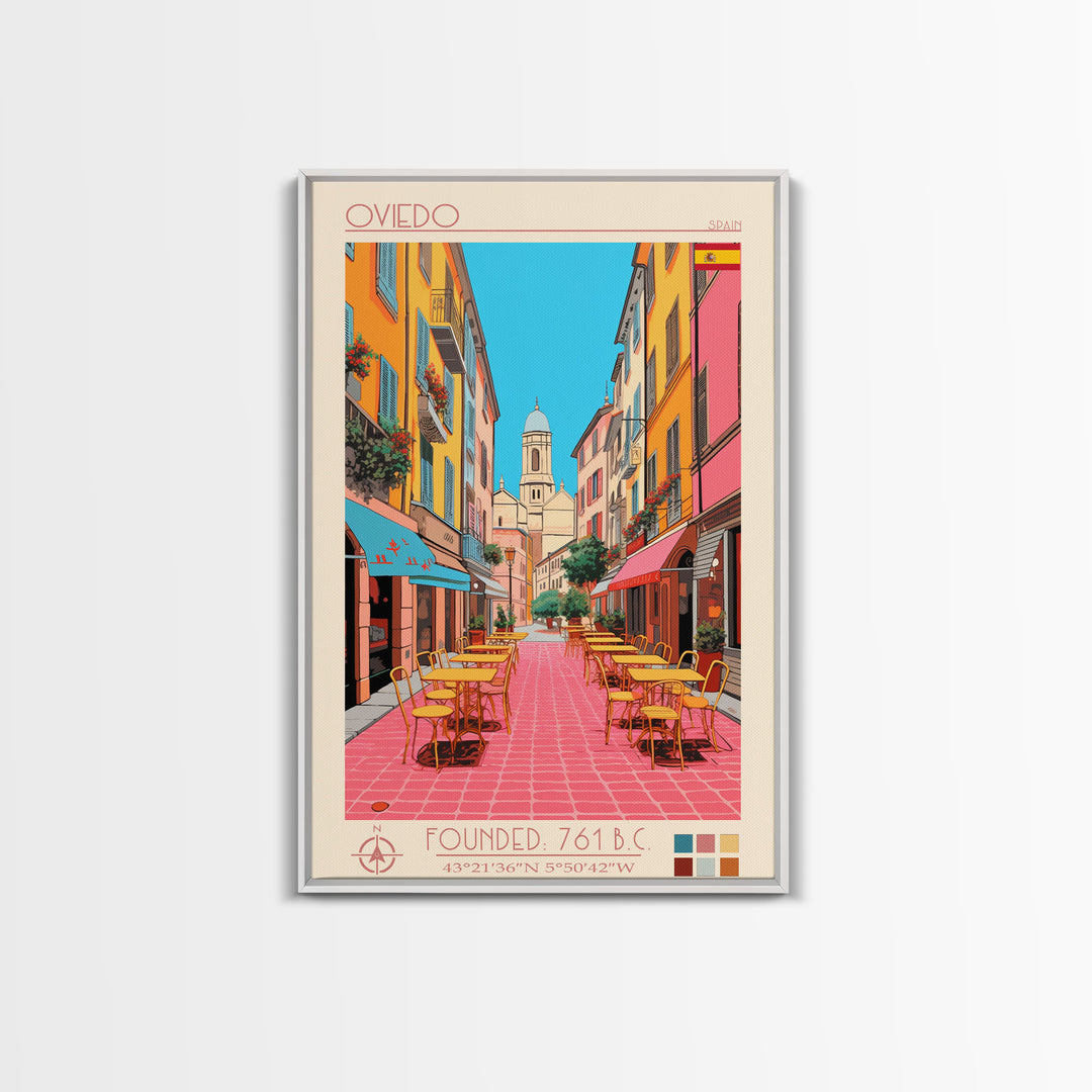 Oviedo Spain Travel Poster Framed Canvas Print, Midcentury Modern Art, Pop Art Wall Decor, Scenic Wall Art, Bedroom Decoration