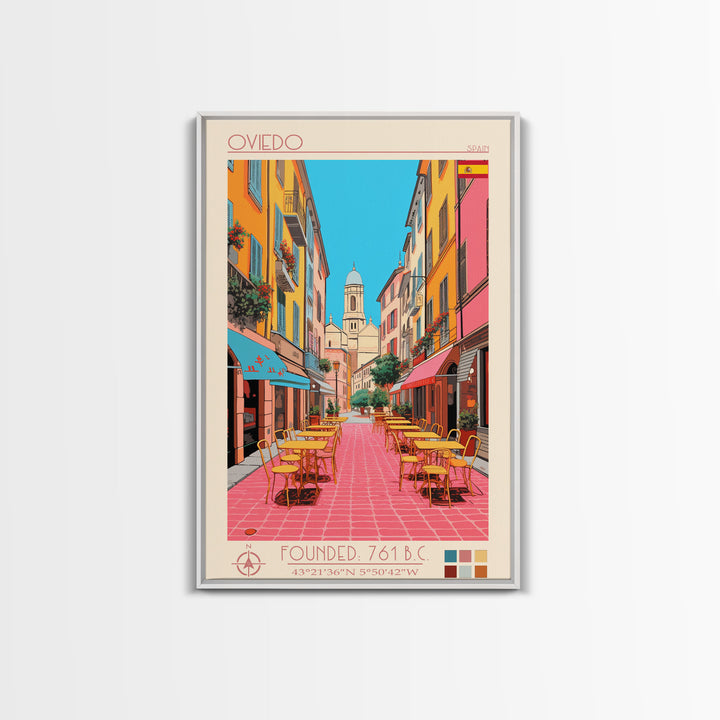 Oviedo Spain Travel Poster Framed Canvas Print, Midcentury Modern Art, Pop Art Wall Decor, Scenic Wall Art, Bedroom Decoration
