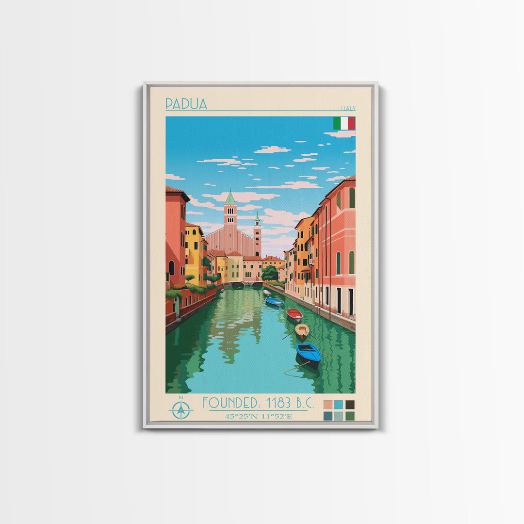 Padua Italy Travel Poster Framed Canvas Print, Midcentury Modern Art, Pop Art Wall Decor, Scenic Bedroom Art, Office Decoration
