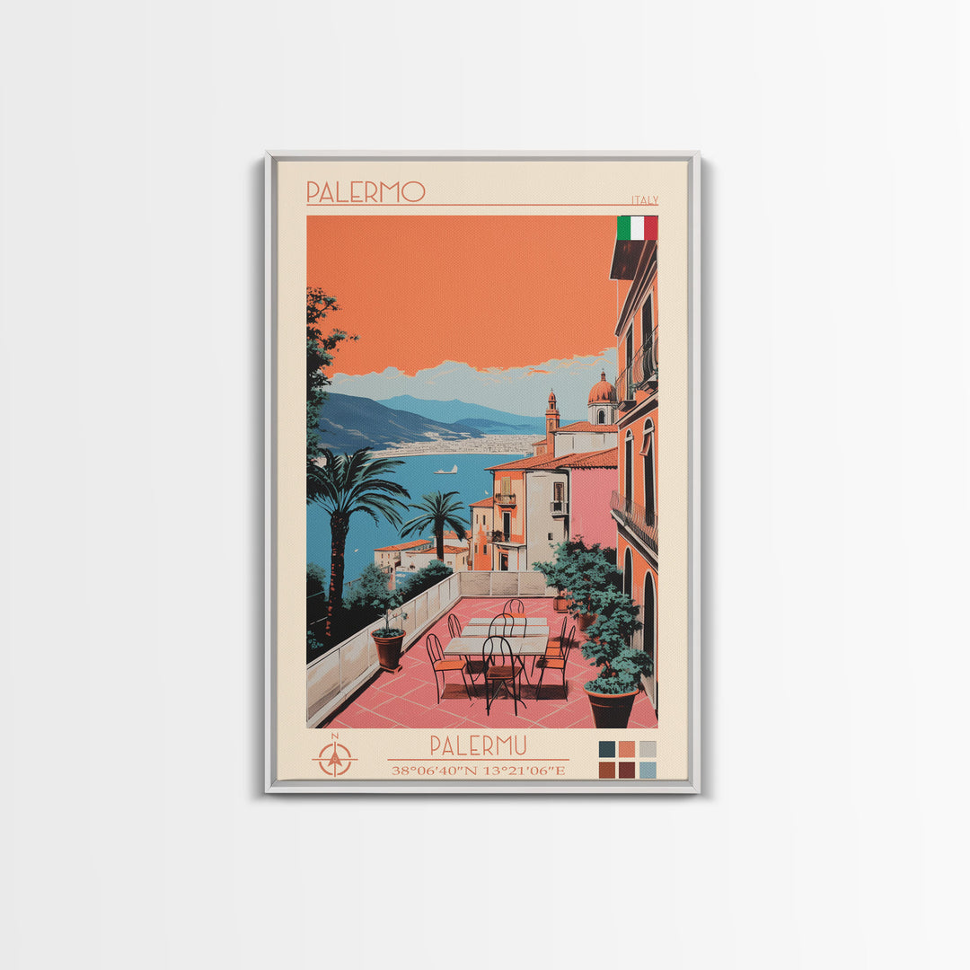 Palermo Italy Travel Poster Framed Canvas Print, Midcentury Modern Art, Pop Art Wall Decor, Scenic Living Room Art, Bedroom Decor