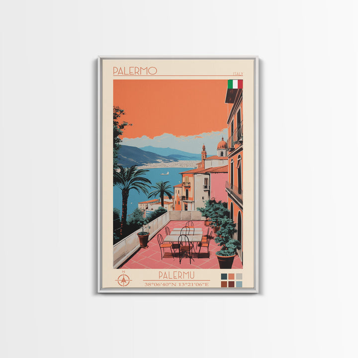 Palermo Italy Travel Poster Framed Canvas Print, Midcentury Modern Art, Pop Art Wall Decor, Scenic Living Room Art, Bedroom Decor