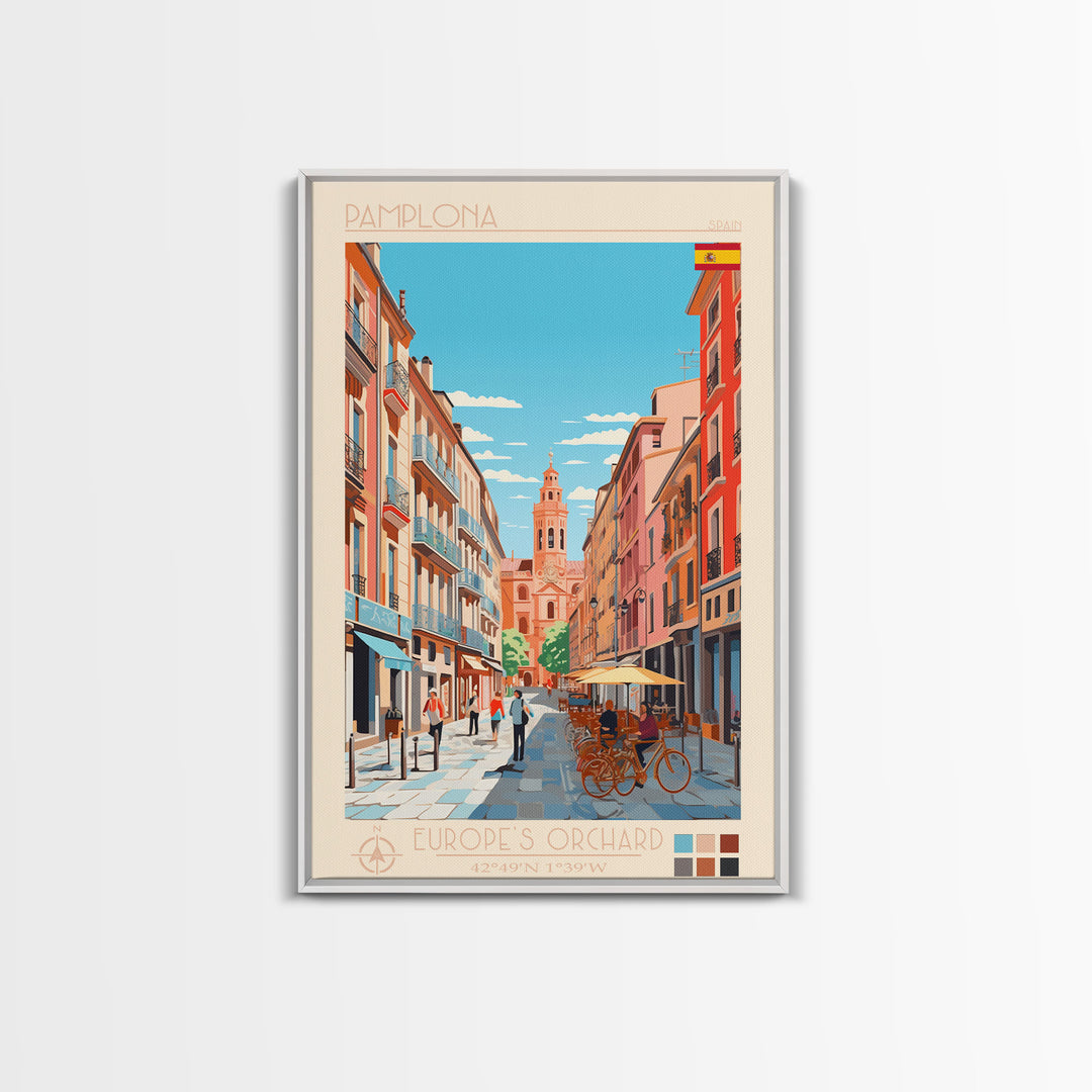 Pamplona Spain Travel Poster Framed Canvas Print, Midcentury Modern Art, Pop Art Wall Decor, Home Decor, Vacation Gift, Office Art