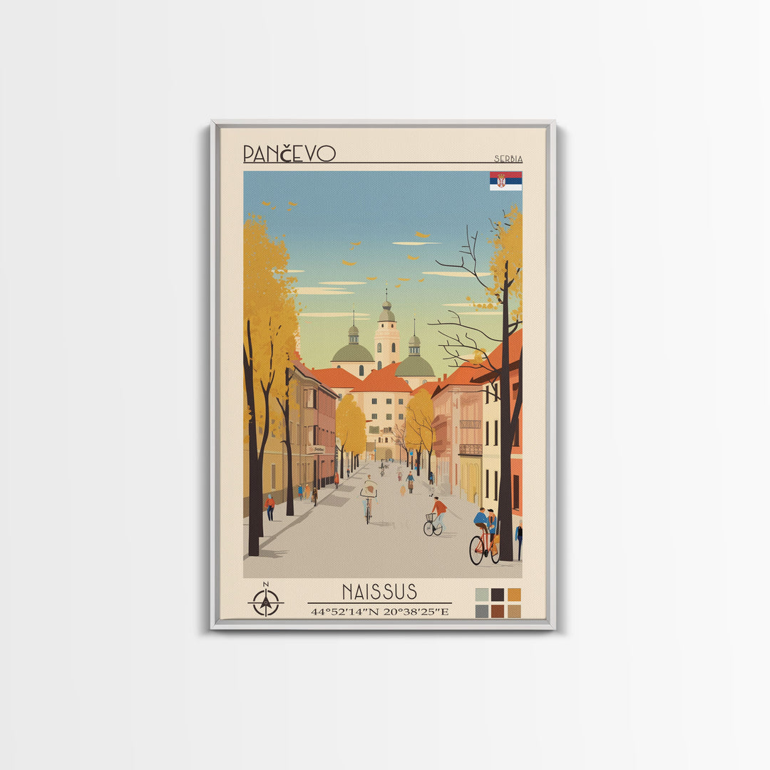 Pančevo Serbia Travel Poster Framed Canvas Print, Midcentury Modern Art, Pop Art Wall Decor, Scenic Wall Art, Living Room Decoration, Office Art