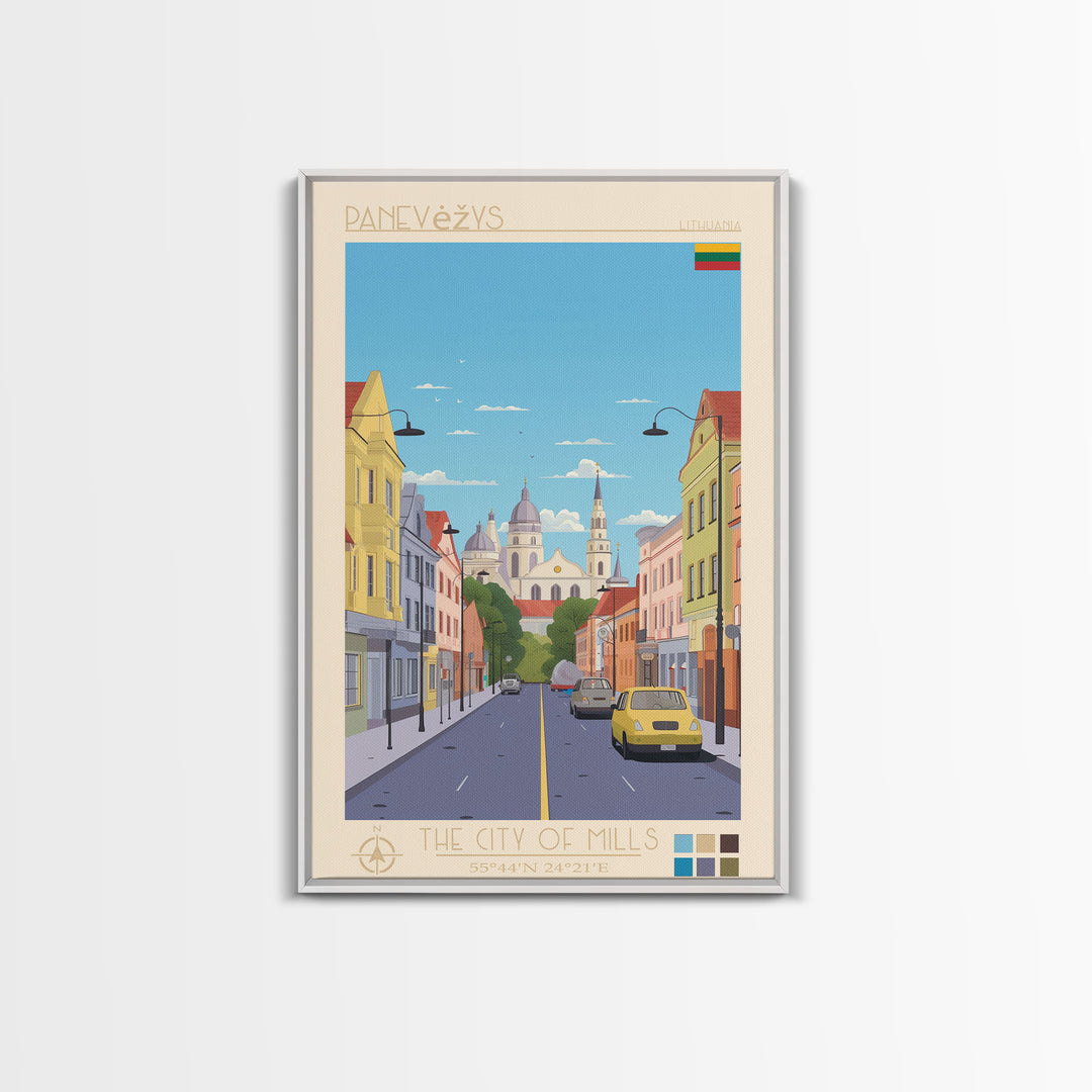 Panevėžys Lithuania Travel Poster Framed Canvas Print, Midcentury Modern Art, Pop Art Wall Decor, Scenic Living Room Art, Bedroom Gift