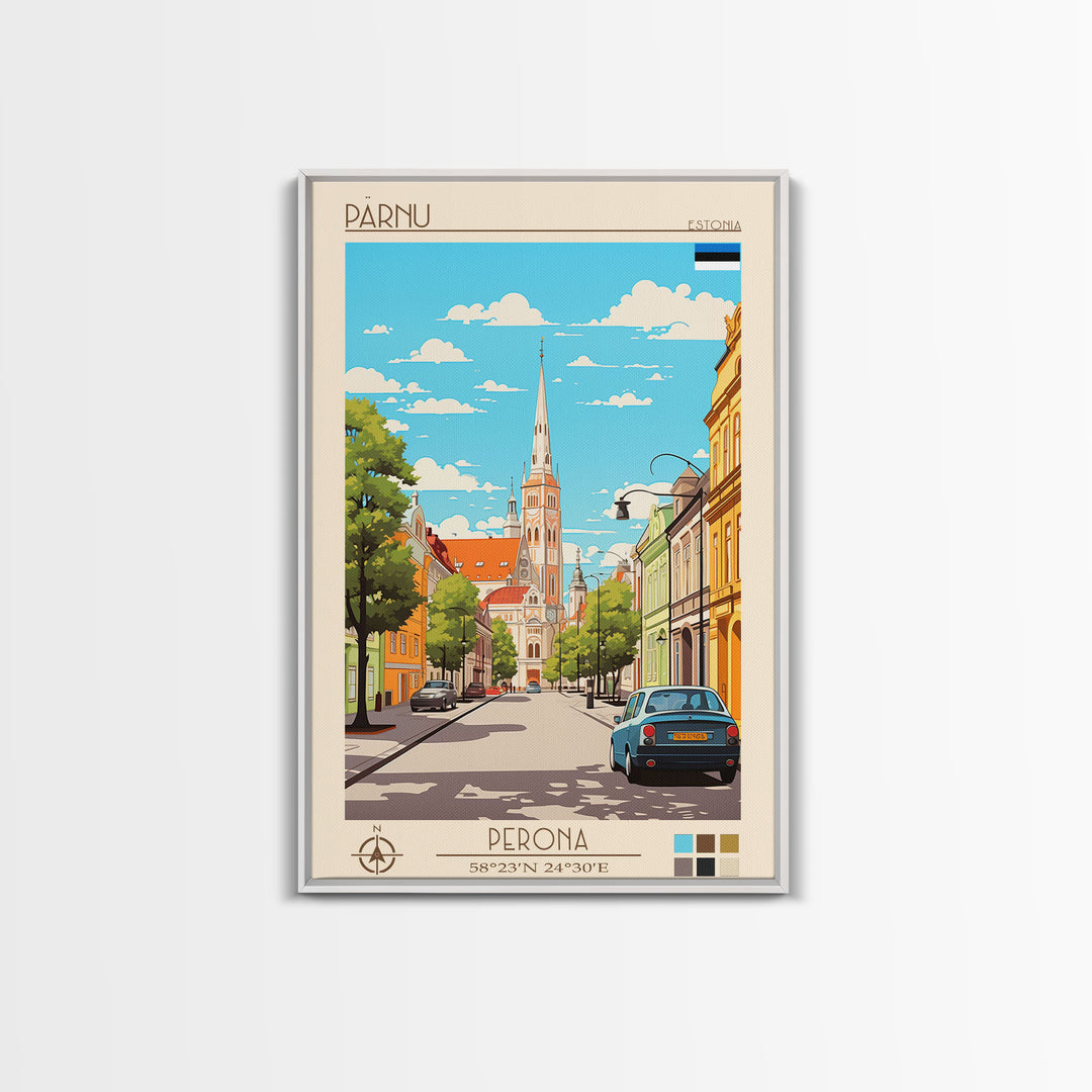 Pärnu Estonia Travel Poster Framed Canvas Print, Midcentury Modern Art, Pop Art Wall Decor, Scenic Wall Art, Bedroom Decoration