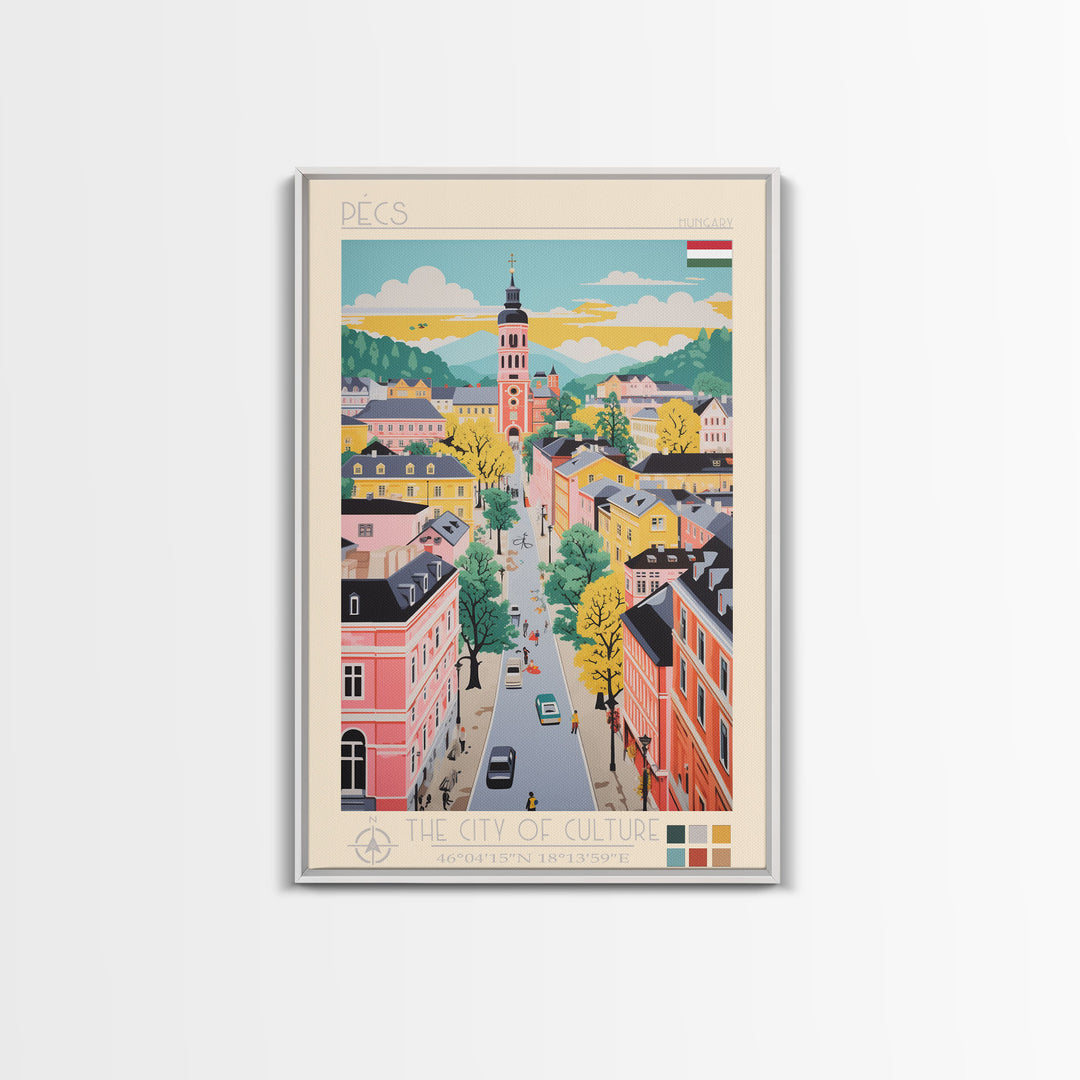 Pécs Hungary Travel Poster Framed Canvas Print, Midcentury Modern Art, Pop Art Wall Decor, Living Room Art, Home Decoration