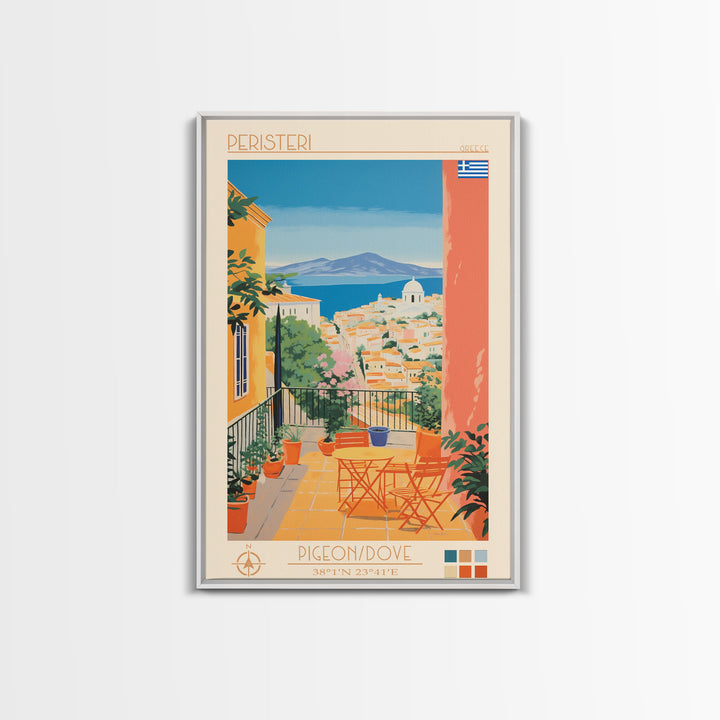 Peristeri Greece Travel Poster Framed Canvas Print, Midcentury Modern Art, Pop Art Wall Decor, Scenic Bedroom Art, Office Decoration