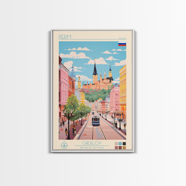 Perm Russia Travel Poster Framed Canvas Print, Midcentury Modern Art, Pop Art Wall Decor, Scenic Living Room Art, Bedroom Decor