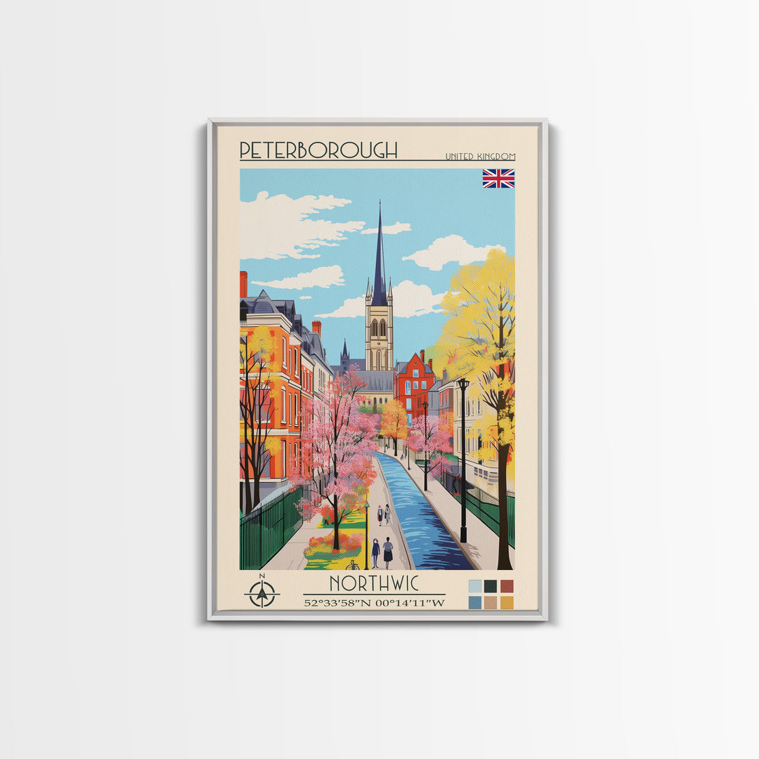 Peterborough United Kingdom Travel Poster Framed Canvas Print, Midcentury Modern Art, Pop Art Wall Decor, Home Decor, Vacation Gift, Office Art