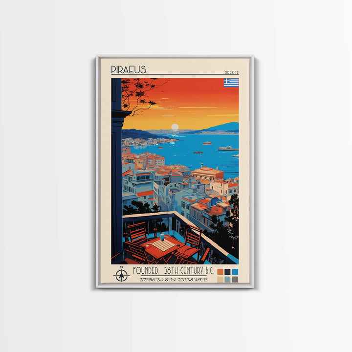 Piraeus Greece Travel Poster Framed Canvas Print, Midcentury Modern Art, Pop Art Wall Decor, Scenic Wall Art, Living Room Decoration, Office Art