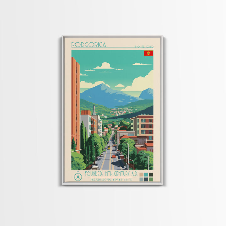 Podgorica Montenegro Travel Poster Framed Canvas Print, Vintage Style, Pop Art Home Decor, Scenic Wall Art, Bedroom Decoration, Office Gift