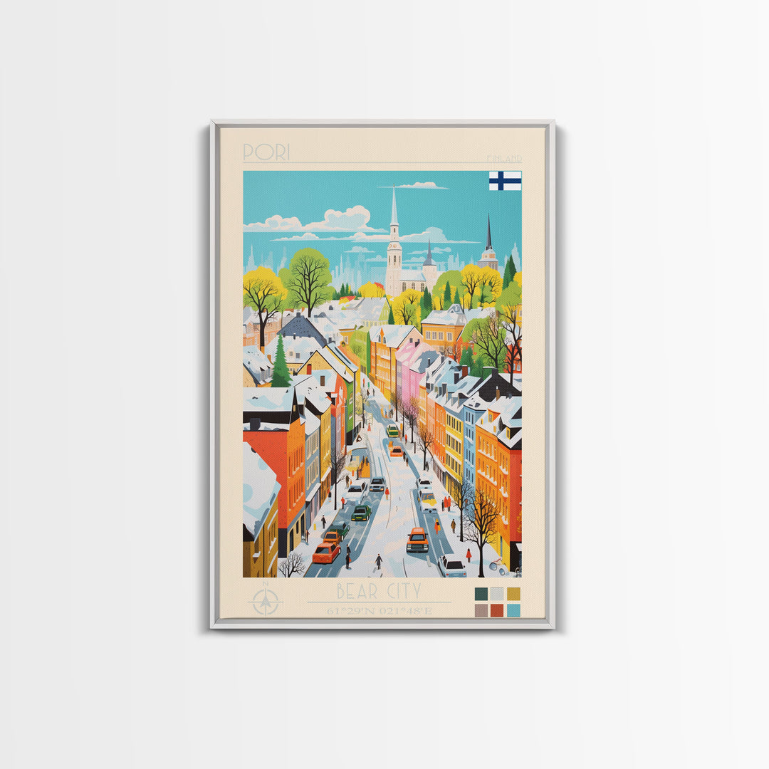 Pori Finland Travel Poster Framed Canvas Print, Midcentury Modern Art, Pop Art Wall Decor, Home Decor, Vacation Gift, Bedroom Art