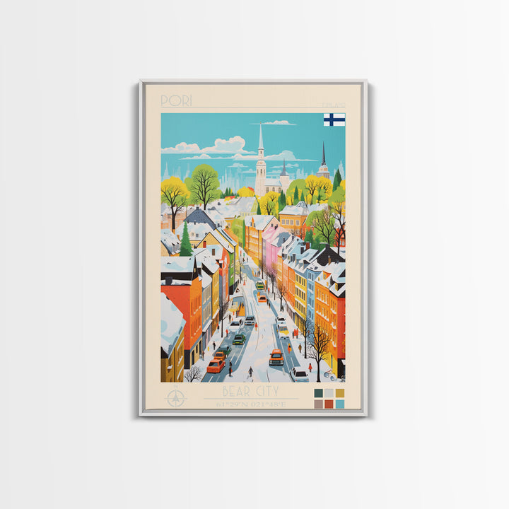 Pori Finland Travel Poster Framed Canvas Print, Midcentury Modern Art, Pop Art Wall Decor, Home Decor, Vacation Gift, Bedroom Art