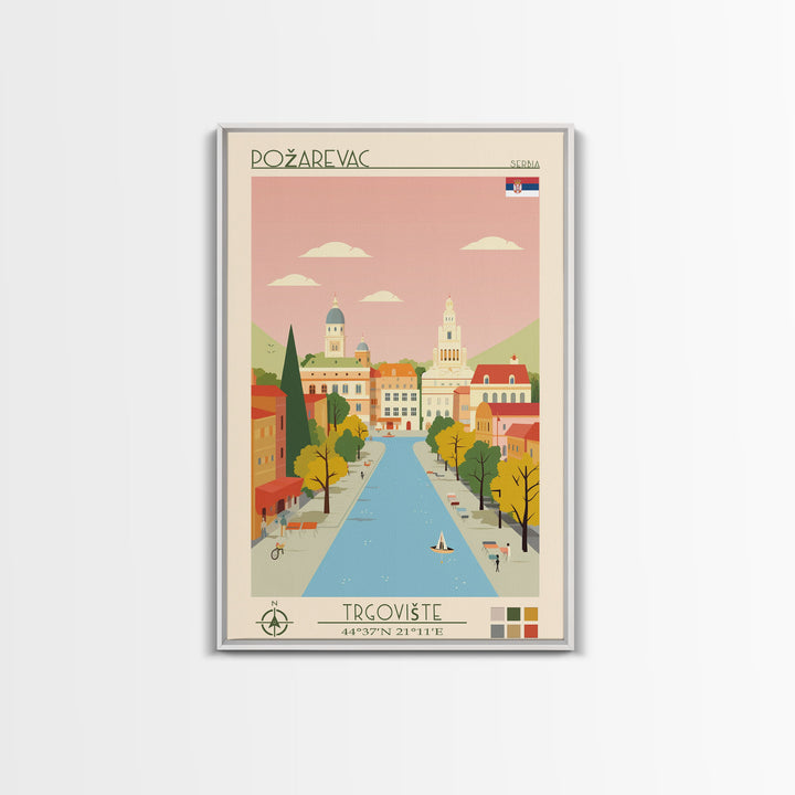 Požarevac Serbia Travel Poster Framed Canvas Print, Midcentury Modern Art, Pop Art Wall Decor, Scenic Living Room Art, Bedroom Decor