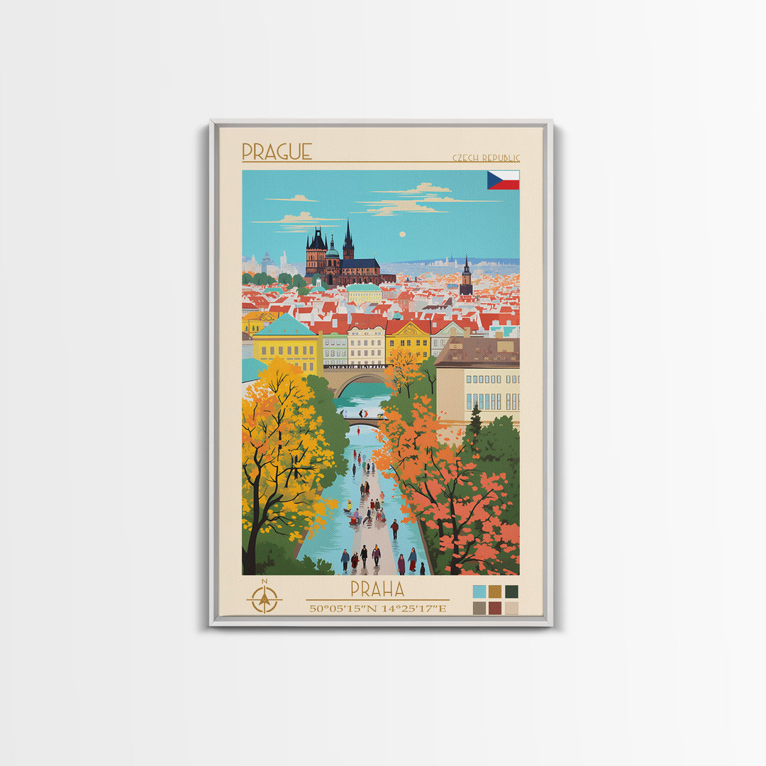 Prague Czech Republic Travel Poster Framed Canvas Print, Vintage Style, Pop Art Home Decor, Scenic Wall Art, Bedroom Decoration, Office Gift