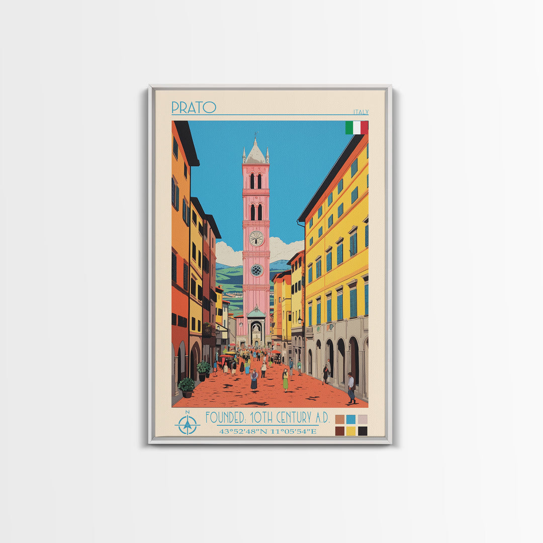 Prato Italy Travel Poster Framed Canvas Print, Midcentury Modern Art, Pop Art Wall Decor, Home Decor, Vacation Gift, Office Art