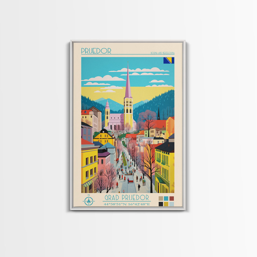 Prijedor Bosnia and Herzegovina Travel Poster Framed Canvas Print, Midcentury Modern Art, Pop Art Wall Decor, Home Decor, Vacation Gift, Bedroom Art