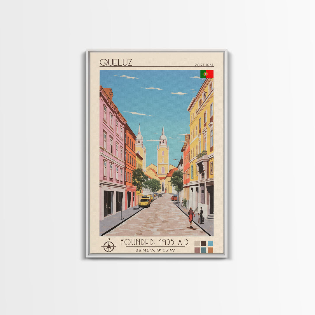 Queluz Portugal Travel Poster Framed Canvas Print, Midcentury Modern Art, Pop Art Wall Decor, Scenic Bedroom Art, Office Decoration