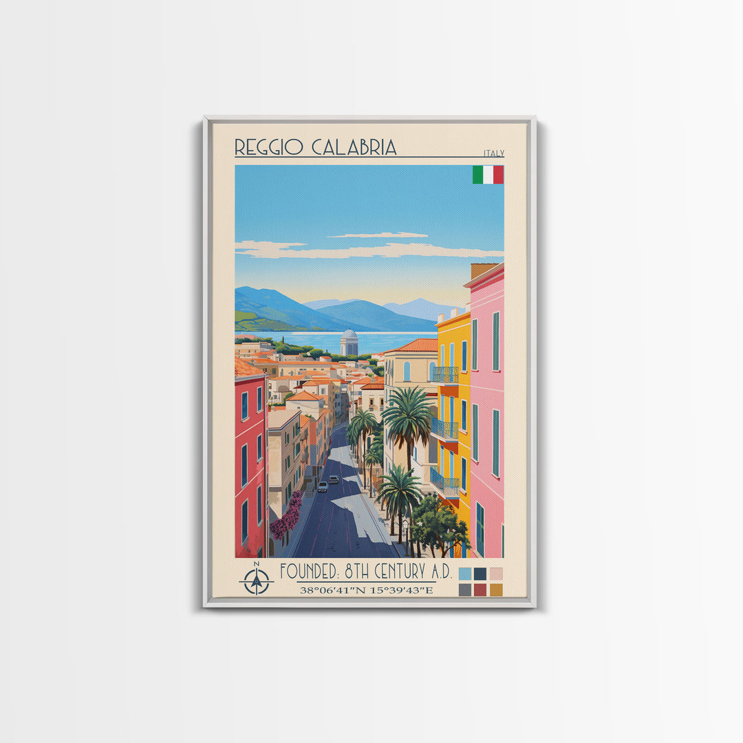Reggio Calabria Italy Travel Poster Framed Canvas Print, Midcentury Modern Art, Pop Art Wall Decor, Scenic Living Room Art, Bedroom Gift