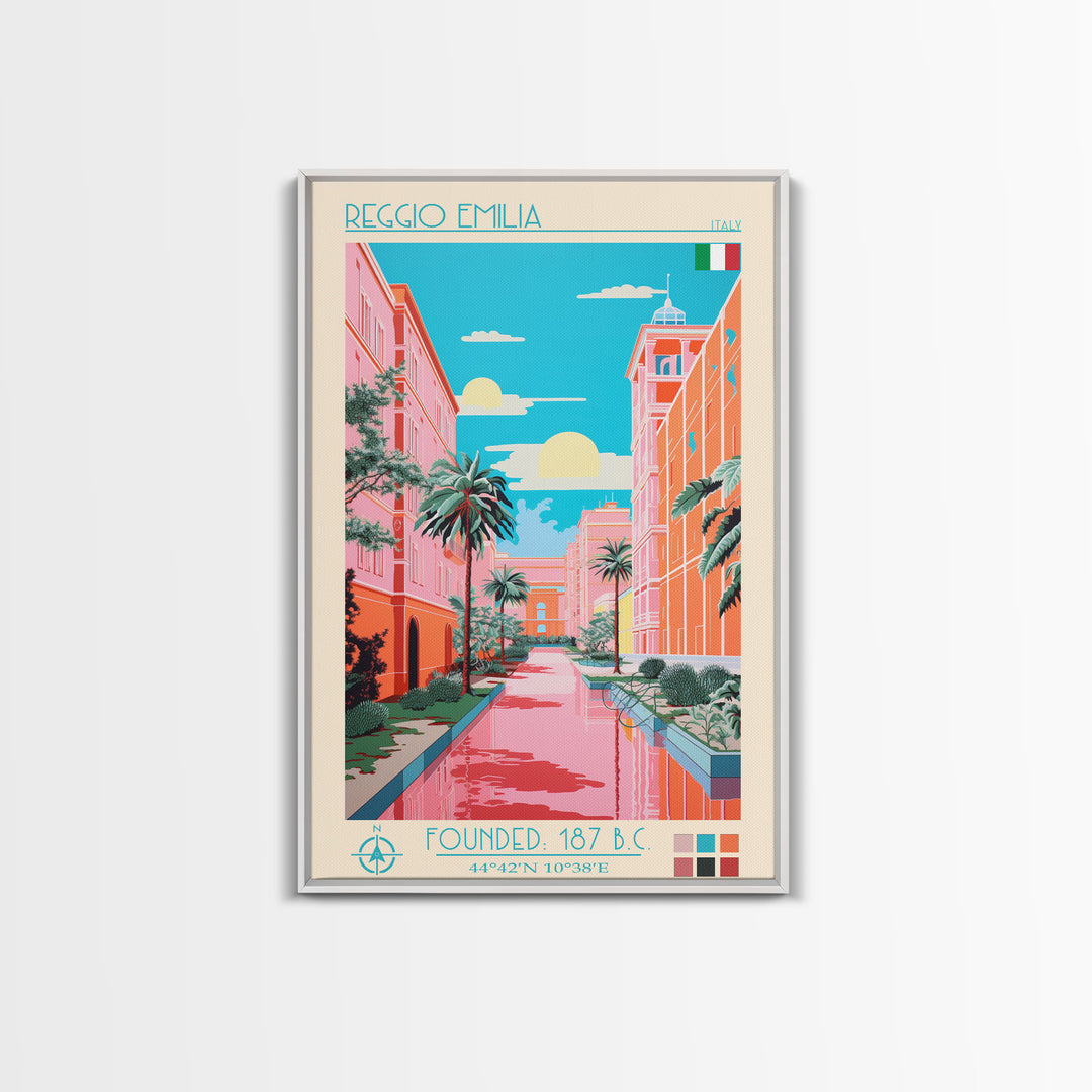 Reggio Emilia Italy Travel Poster Framed Canvas Print, Midcentury Modern Art, Pop Art Wall Decor, Scenic Wall Art, Living Room Decoration, Office Art