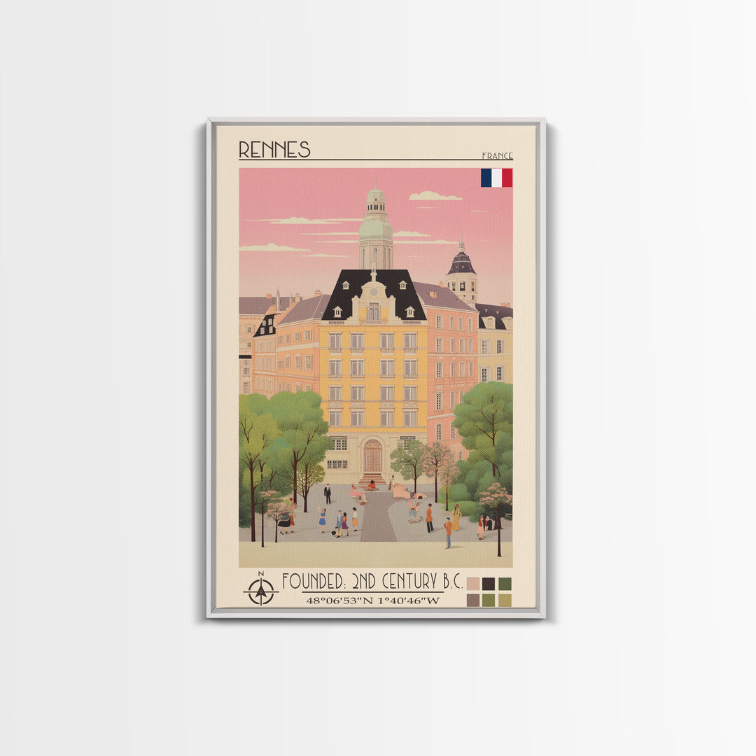 Rennes France Travel Poster Framed Canvas Print, Midcentury Modern Art, Pop Art Wall Decor, Scenic Wall Art, Living Room Decoration, Office Gift