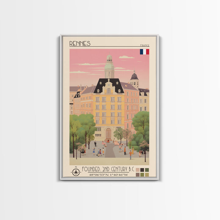 Rennes France Travel Poster Framed Canvas Print, Midcentury Modern Art, Pop Art Wall Decor, Scenic Wall Art, Living Room Decoration, Office Gift