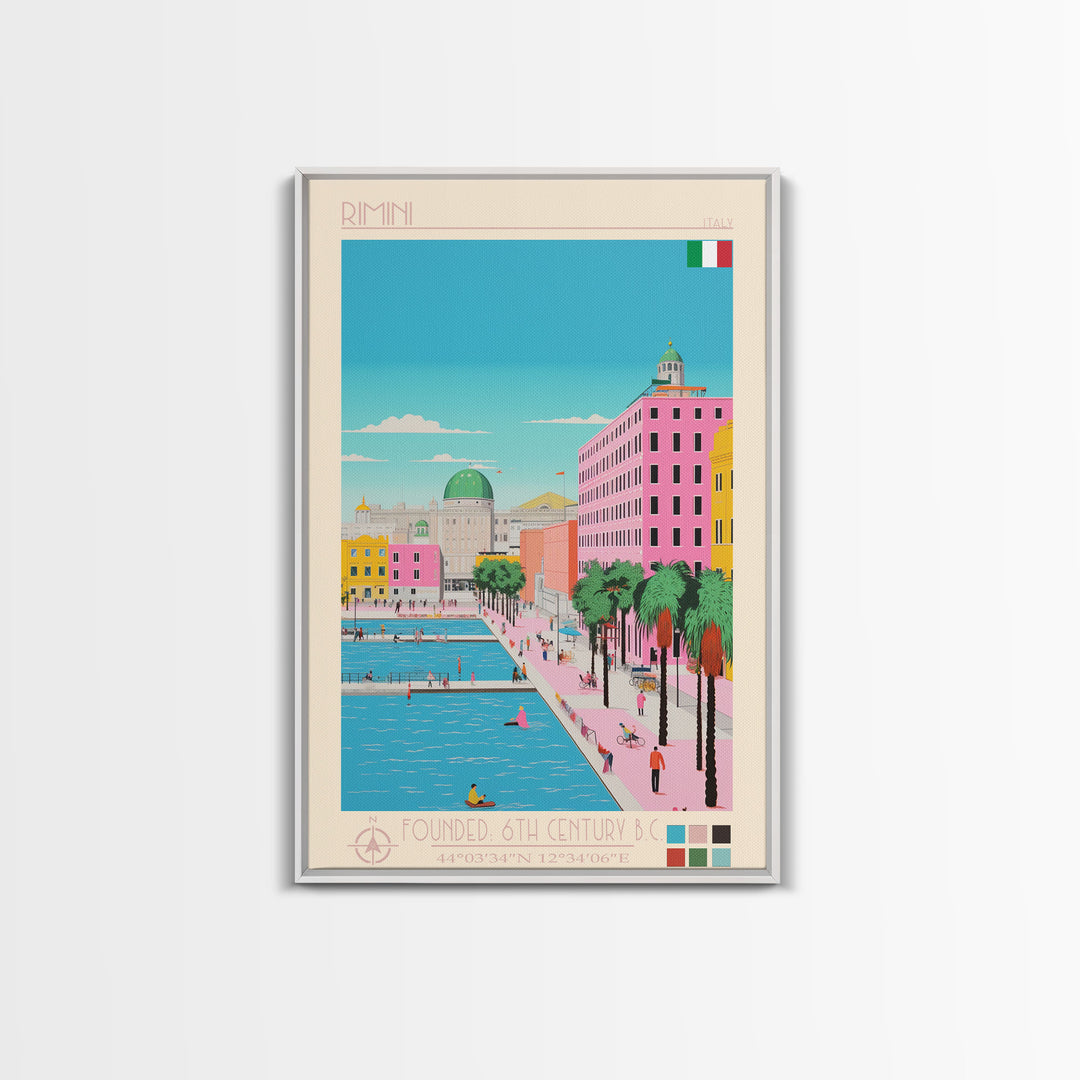 Rimini Italy Travel Poster Framed Canvas Print, Midcentury Modern Art, Pop Art Wall Decor, Scenic Bedroom Art, Office Decoration