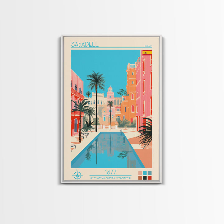 Sabadell Spain Travel Poster Framed Canvas Print, Midcentury Modern Art, Pop Art Wall Decor, Home Decor, Vacation Gift, Office Art