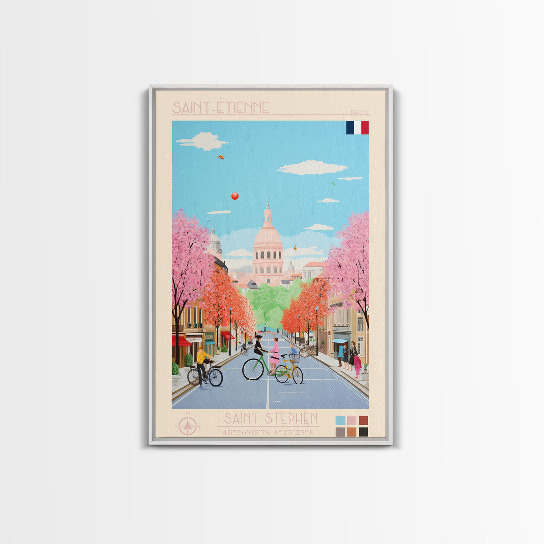 Saint-Étienne France Travel Poster Framed Canvas Print, Midcentury Modern Art, Pop Art Wall Decor, Living Room Art, Vacation Gift