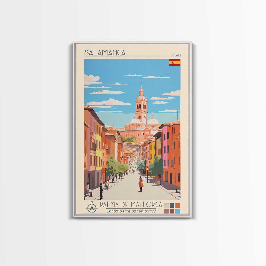 Salamanca Spain Travel Poster Framed Canvas Print, Midcentury Modern Art, Pop Art Wall Decor, Scenic Wall Art, Bedroom Decoration