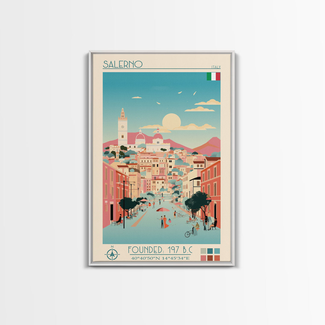Salerno Italy Travel Poster Framed Canvas Print, Midcentury Modern Art, Pop Art Wall Decor, Home Decor, Office Gift, Living Room Art