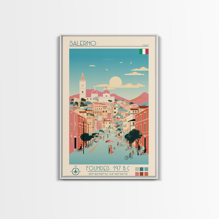 Salerno Italy Travel Poster Framed Canvas Print, Midcentury Modern Art, Pop Art Wall Decor, Home Decor, Office Gift, Living Room Art