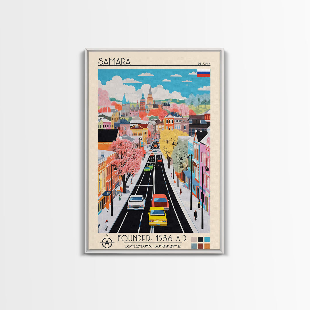 Samara Russia Travel Poster Framed Canvas Print, Midcentury Modern Art, Pop Art Wall Decor, Home Decor, Office Decoration, Scenic Art