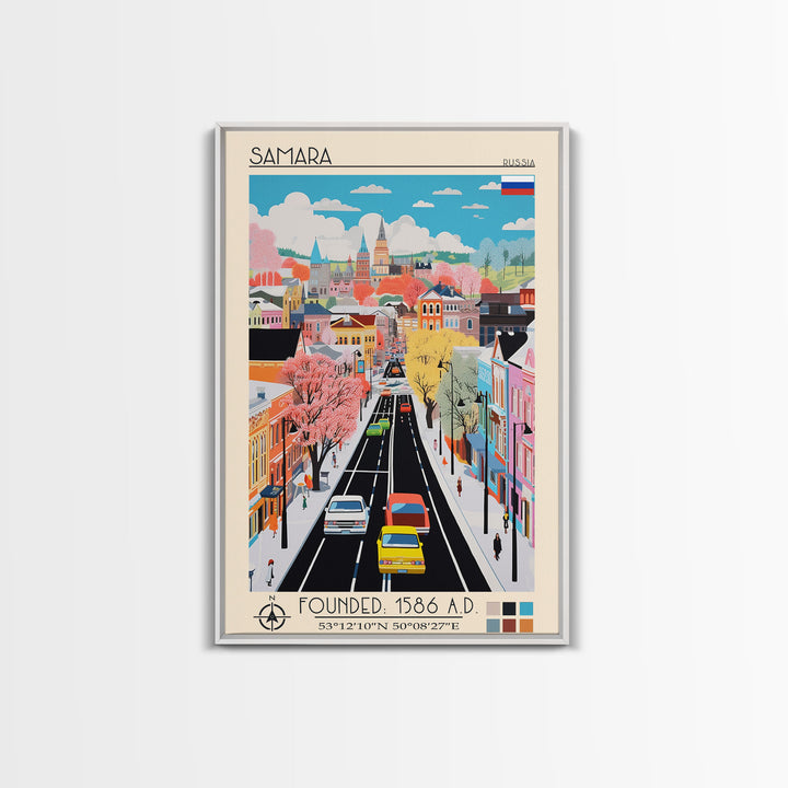 Samara Russia Travel Poster Framed Canvas Print, Midcentury Modern Art, Pop Art Wall Decor, Home Decor, Office Decoration, Scenic Art