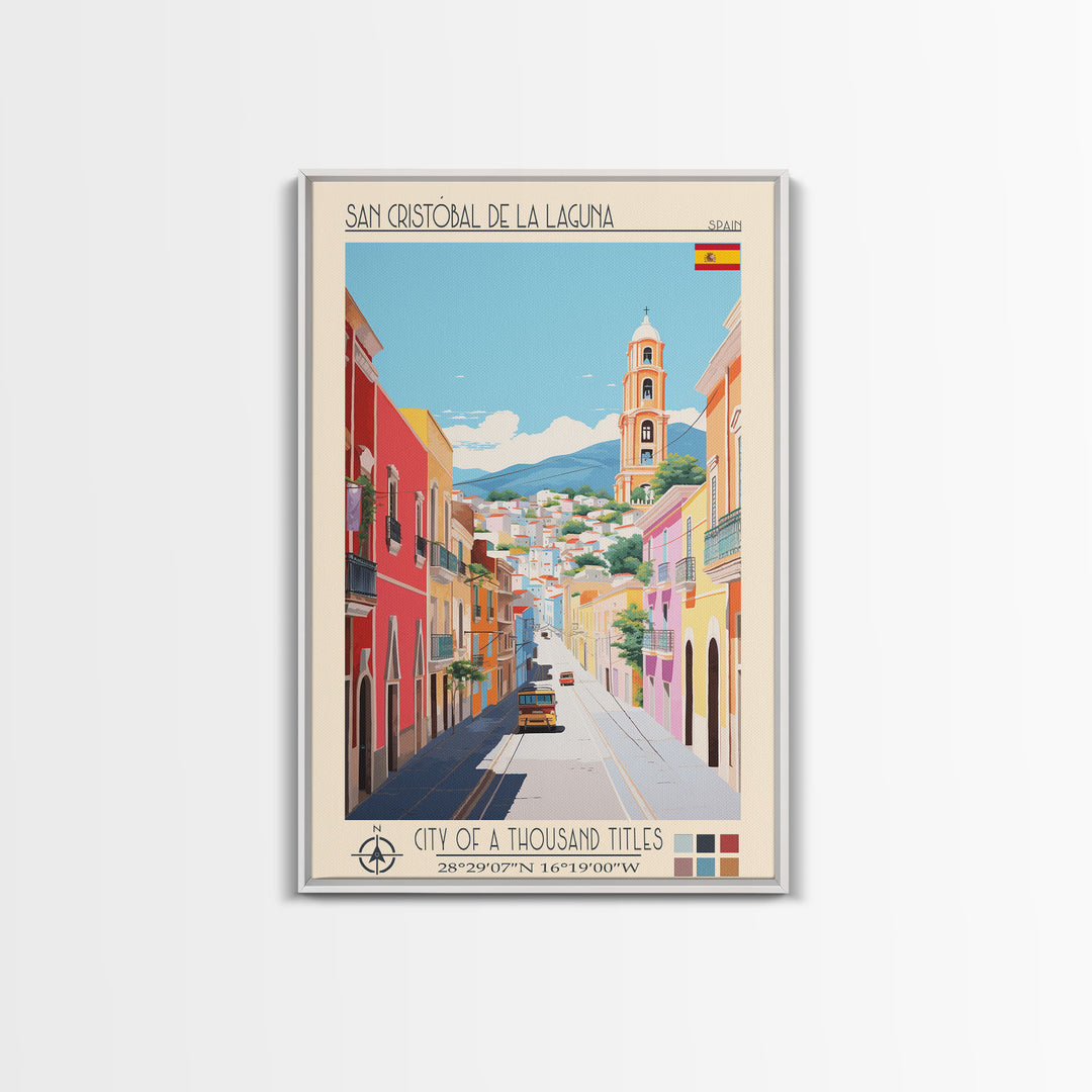 San Cristóbal de La Laguna Spain Travel Poster Framed Canvas Print, Midcentury Modern Art, Pop Art Wall Decor, Bedroom Decor, Scenic Art