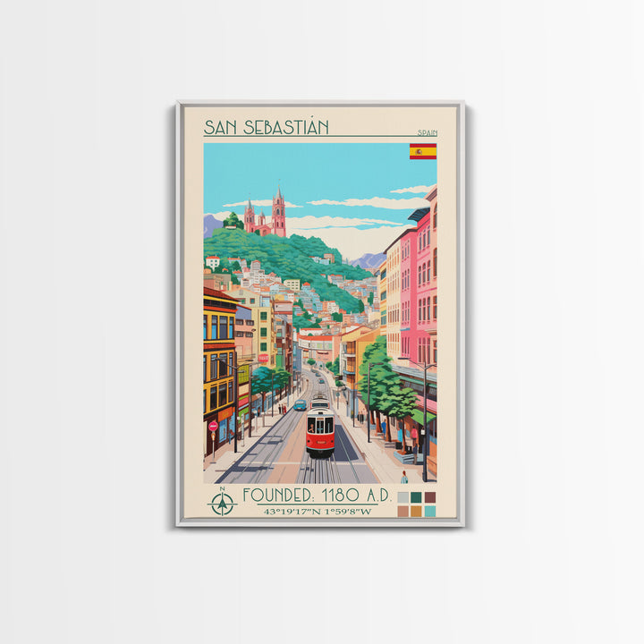 San Sebastian Spain Travel Poster Framed Canvas Print, Midcentury Modern Art, Pop Art Wall Decor, Home Decor, Office Art