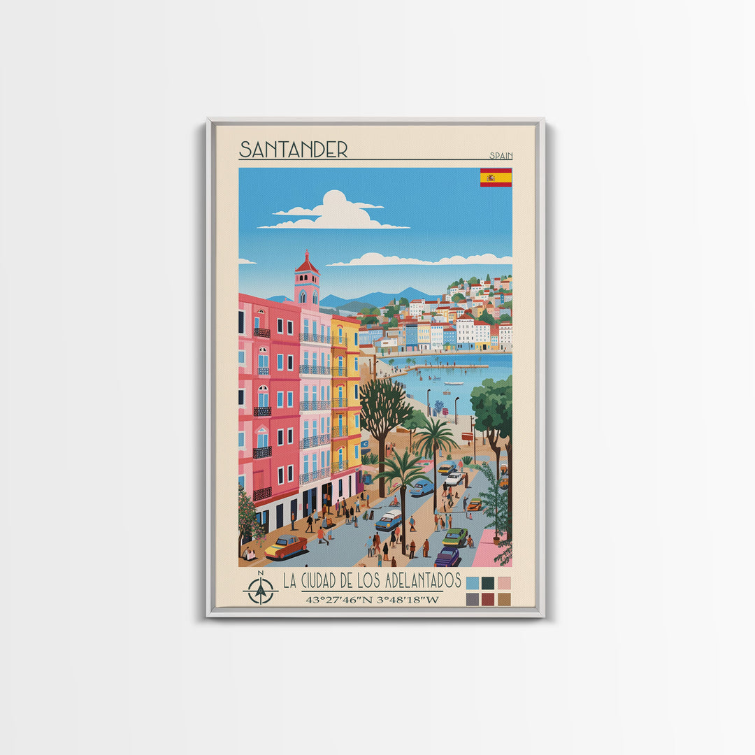 Santander Spain Travel Poster Framed Canvas Print, Midcentury Modern Art, Pop Art Wall Decor, Scenic Wall Art, Vacation Gift