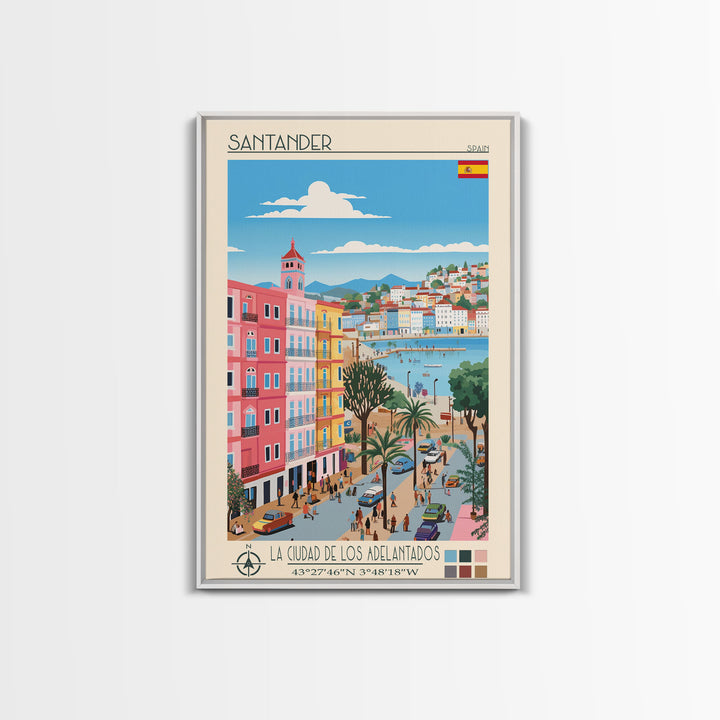 Santander Spain Travel Poster Framed Canvas Print, Midcentury Modern Art, Pop Art Wall Decor, Scenic Wall Art, Vacation Gift