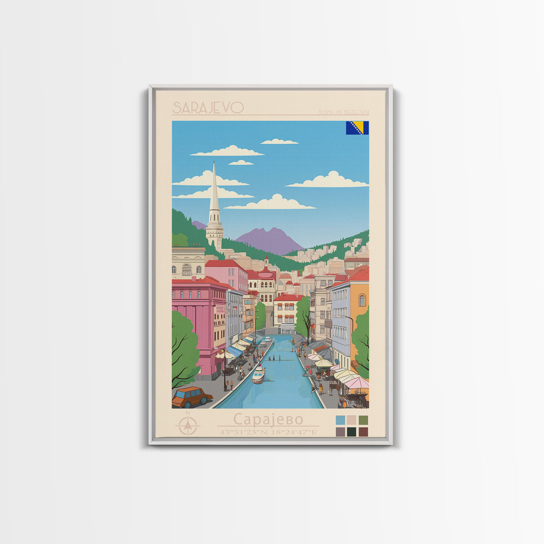 Sarajevo Bosnia and Herzegovina Travel Poster Framed Canvas Print, Midcentury Modern Art, Pop Art Wall Decor, Home Decor, Office Decoration