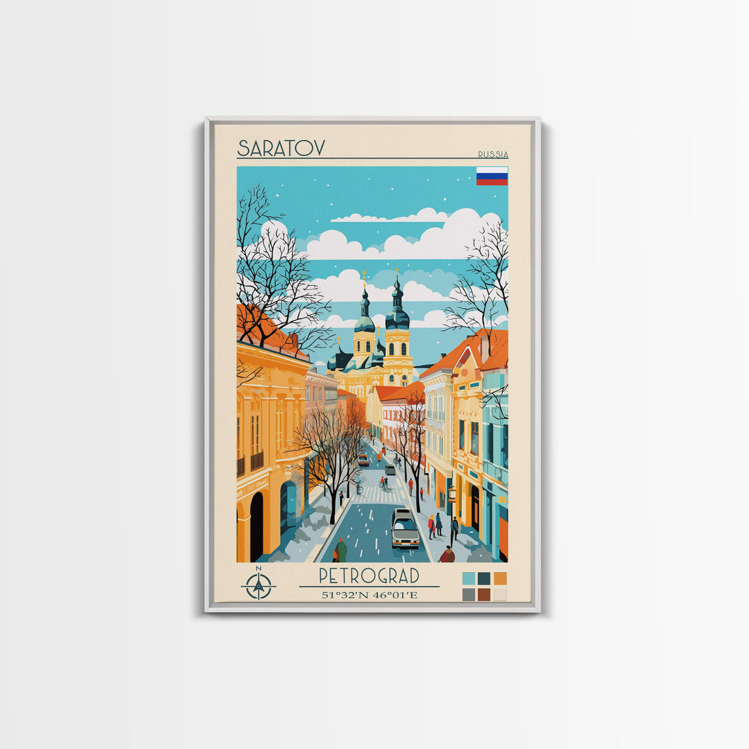Saratov Russia Travel Poster Framed Canvas Print, Midcentury Modern Art, Pop Art Wall Decor, Home Decor, Vacation Gift
