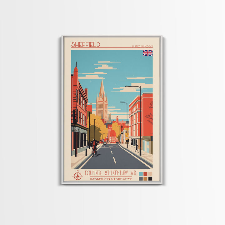 Sheffield United Kingdom Travel Poster Framed Canvas Print, Midcentury Modern Art, Pop Art Wall Decor, Home Decor, Vacation Gift, Office Art