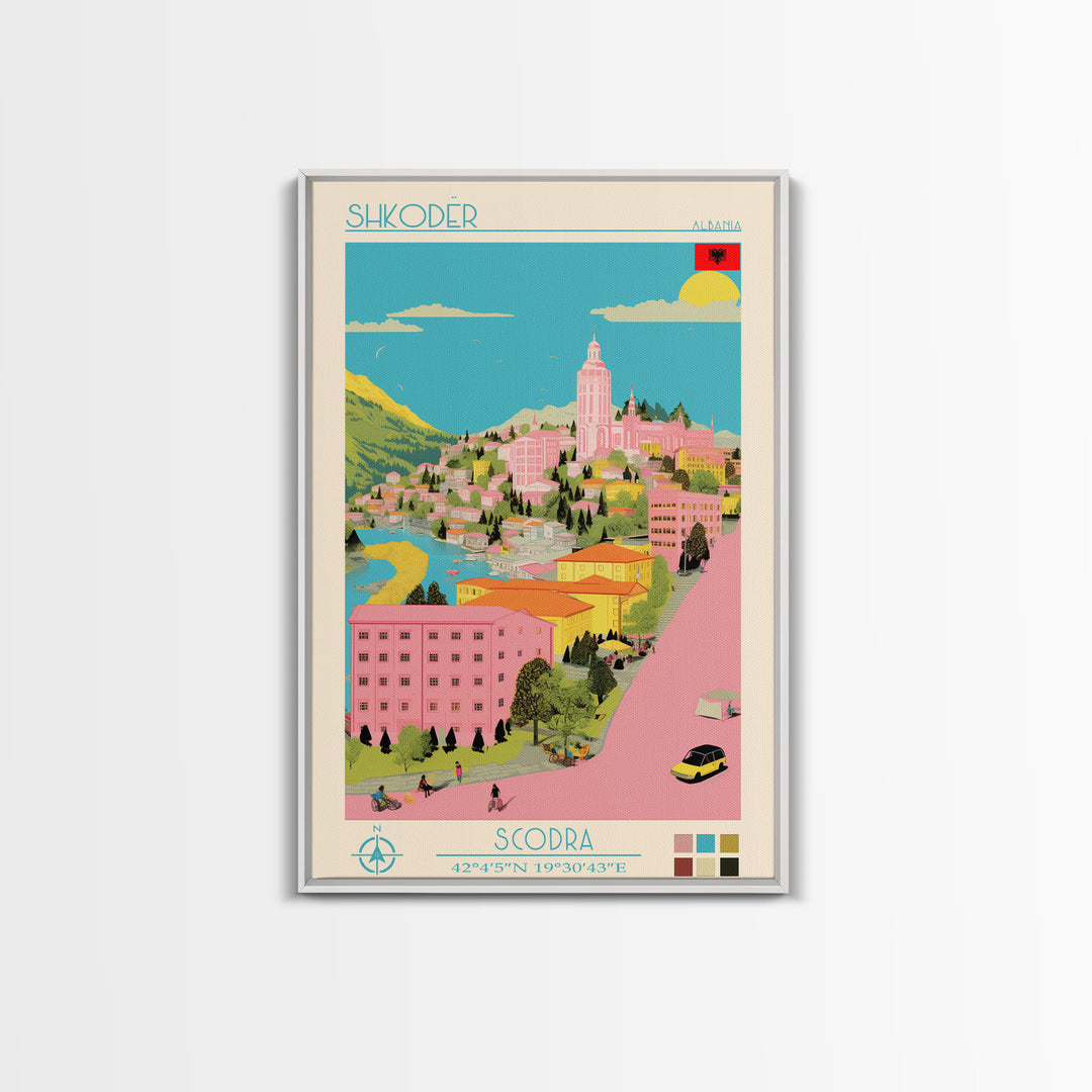 Shkodër Albania Travel Poster Framed Canvas Print, Midcentury Modern Art, Pop Art Wall Decor, Scenic Wall Art, Bedroom Decoration