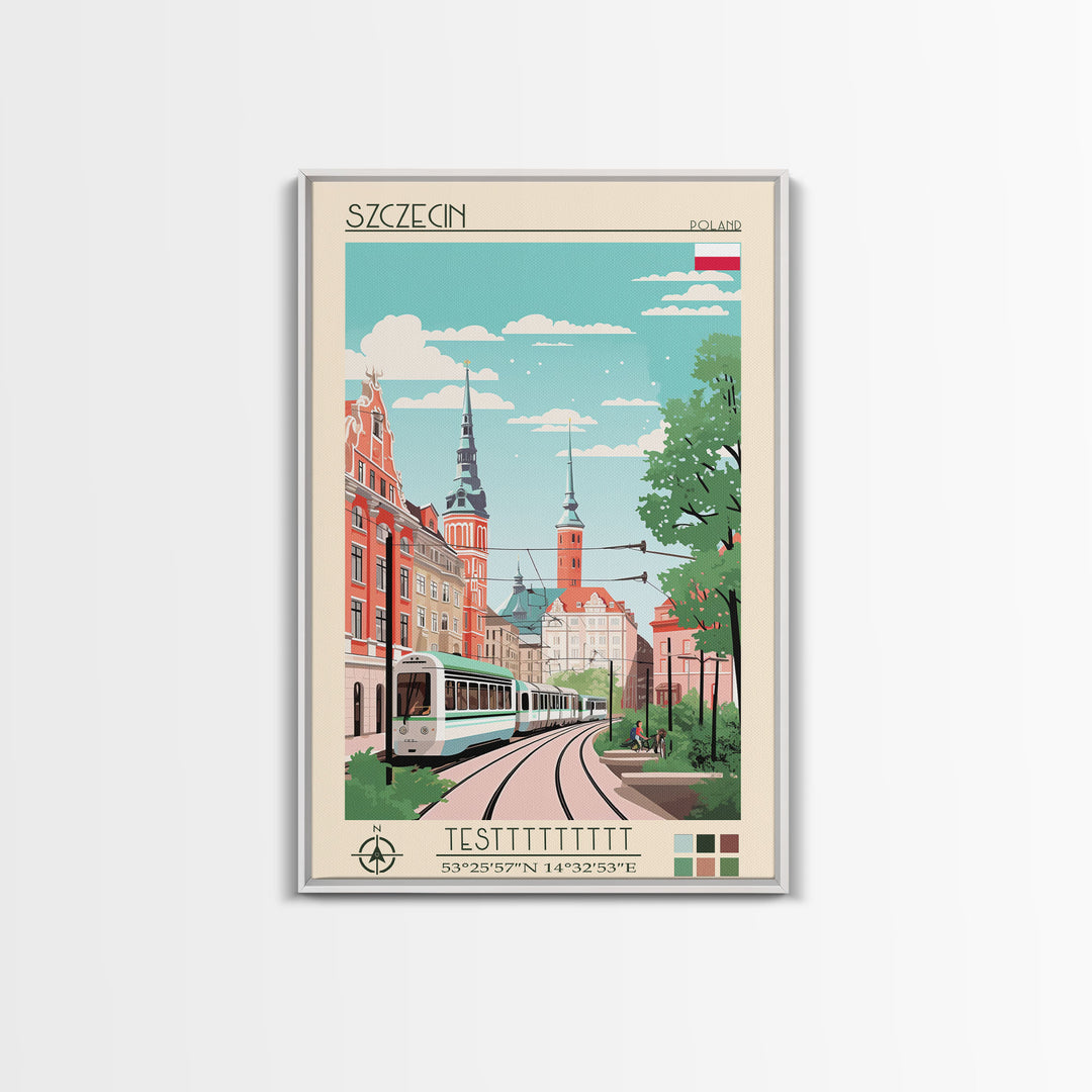 Szczecin Poland Travel Poster Framed Canvas Print, Midcentury Modern Art, Pop Art Wall Decor, Living Room Art, Scenic Wall Art