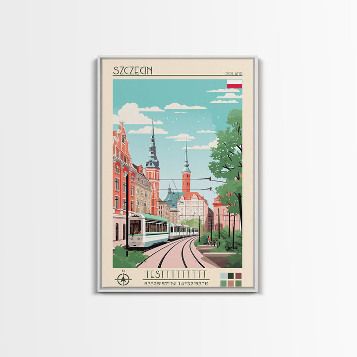 Szczecin Poland Travel Poster Framed Canvas Print, Midcentury Modern Art, Pop Art Wall Decor, Living Room Art, Scenic Wall Art