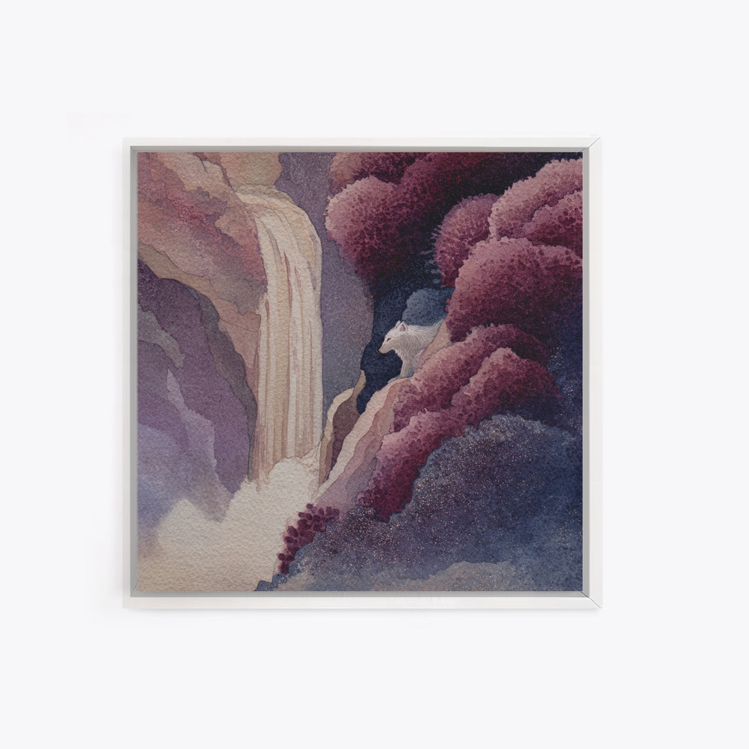 Mythic Waterfall Guarded by White Wolves Framed Canvas Print, Fantasy Art, Dragon Art, Living Room Decor, Watercolor Art, FAN-1x1-24