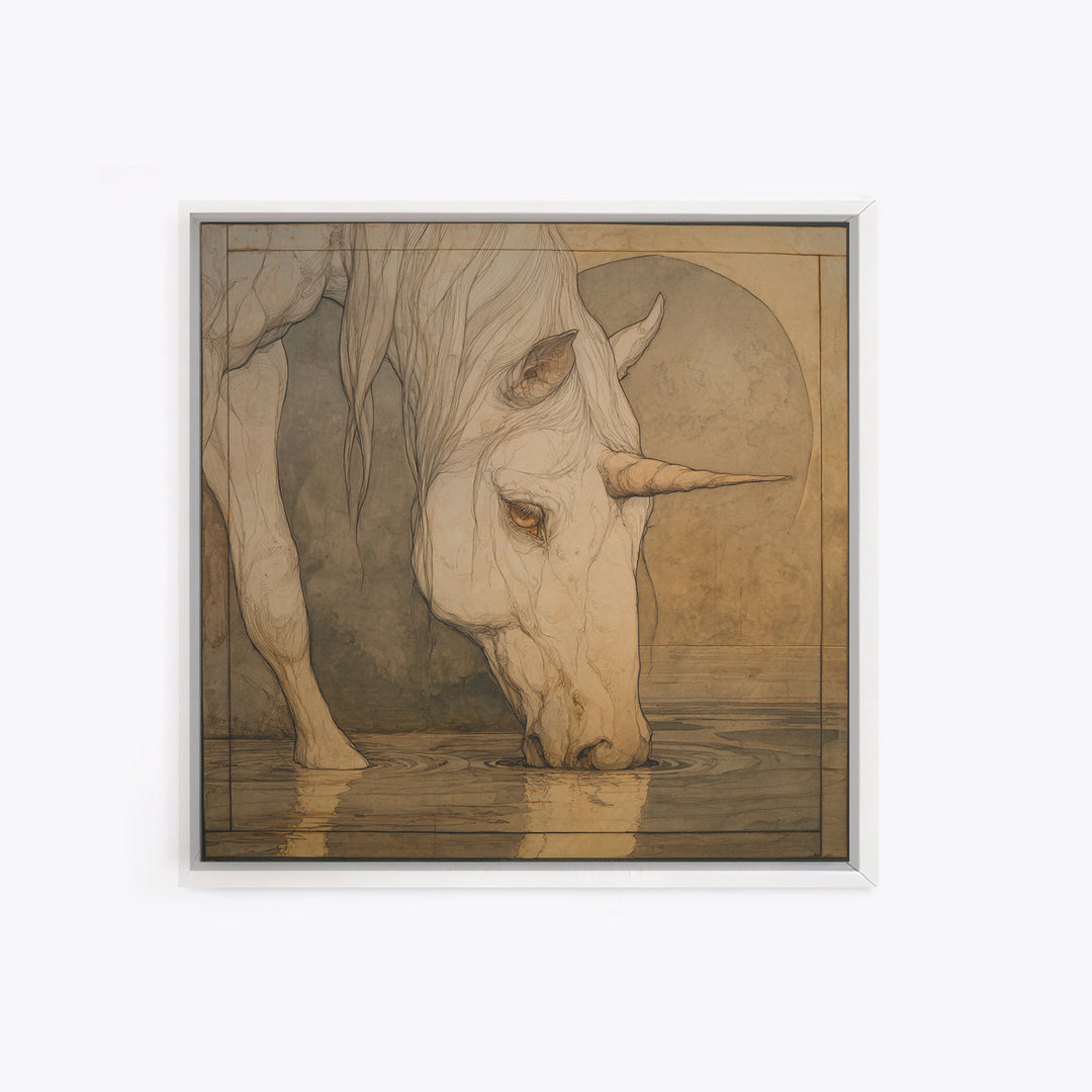 Unicorn Drinking from a Silver Stream Framed Canvas Print, Fantasy Art, Art Print, Living Room Decor, Fine Art, Mythic, FAN-1x1-40